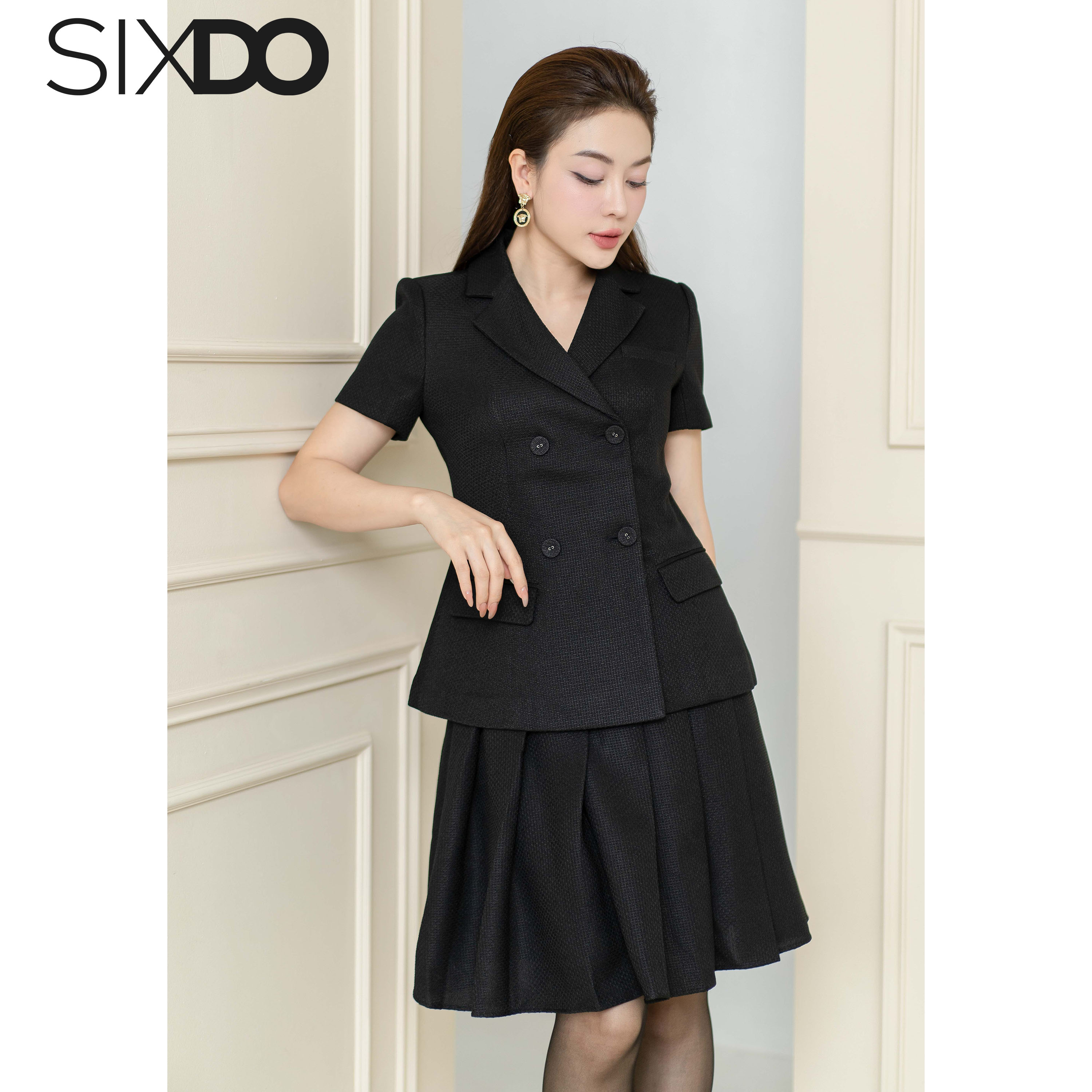 Áo Vest nữ đen ngắn tay SIXDO (Black Peak Lapel Collar Woven Vest)