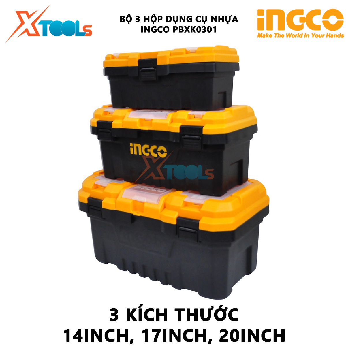 Bộ hộp đựng dụng cụ 3 cái bằng nhựa INGCO PBXK0301 | Bộ 3 thùng đựng đồ nghề hộp dụng cụ bằng nhựa 14”, 17”, 20” chất liệu polypropylene chứa các thiết bị, đồ nghề [CHÍNH HÃNG] [XTOOLs]