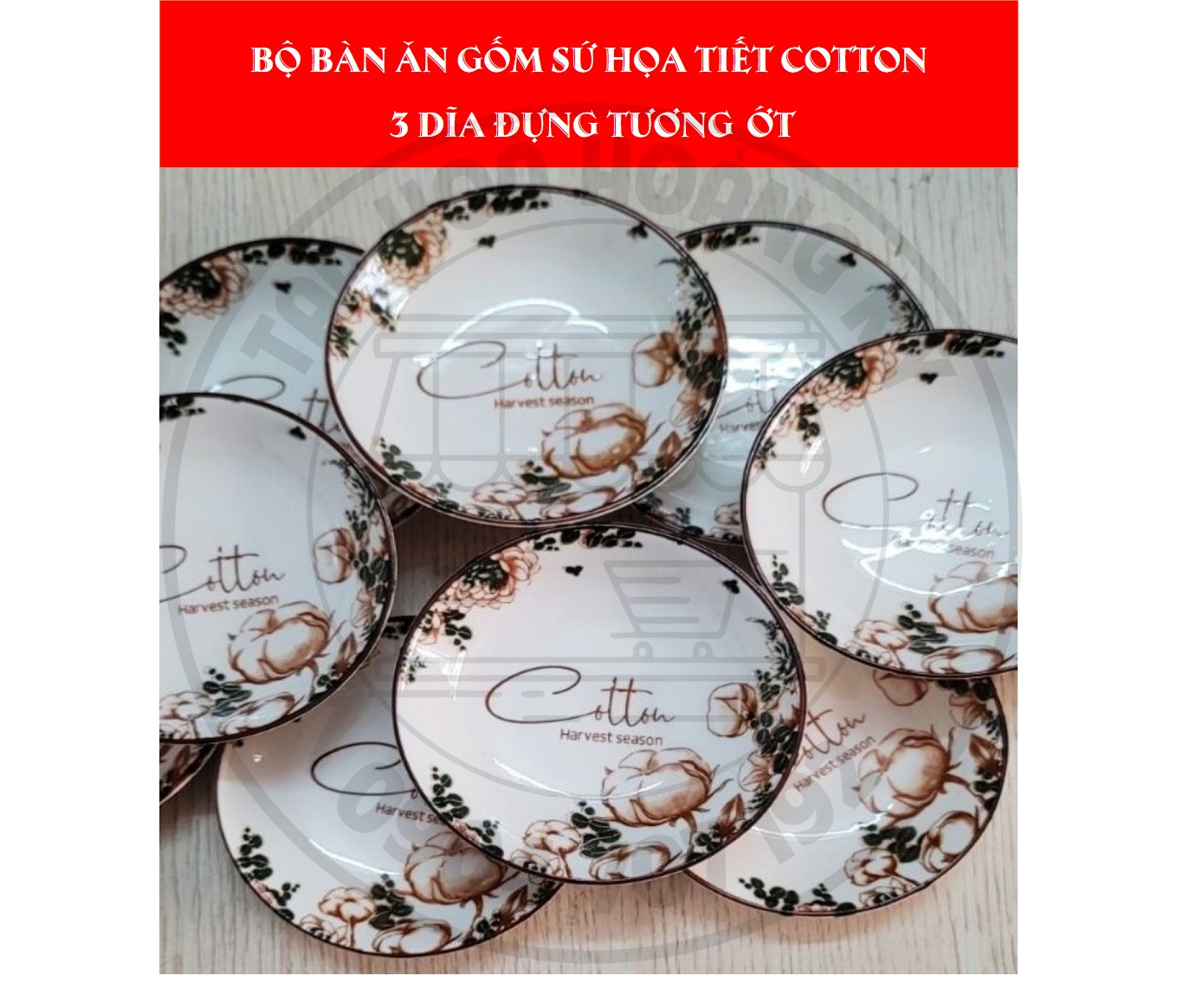 Bộ tô, chén, dĩa gốm sứ hoa văn Cotton (Gồm 3 Tô bầu, 4 Dĩa, 6 Chén cơm, 6 Đôi đũa, 3 Dĩa tương, 3 chén chấm )