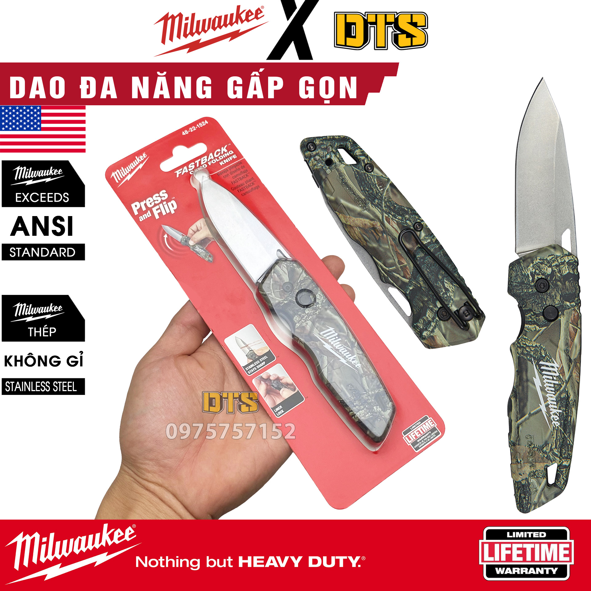 Dao đa năng cán gấp Camo FASTBACK Milwaukee | Dao phượt cán xếp du lich phòng thân gọt hoa quả bỏ túi | Sinh tồn, dã ngoại, cắm trại tiện dụng thân đúc nguyên khối 48-22-1524