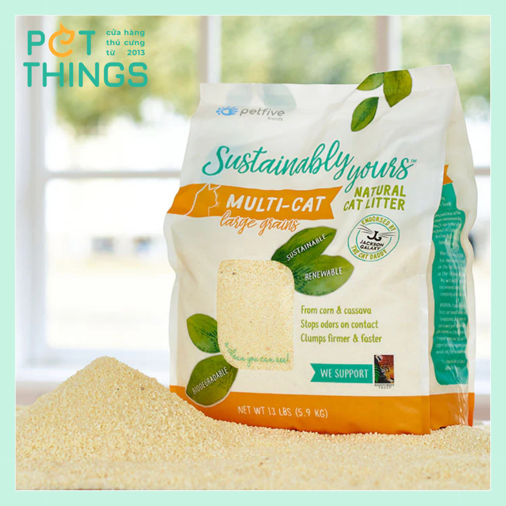 Cát Hữu Cơ cho mèo Petfive Sustainably Yours từ ngô bắp sắn hạt nhuyễn, nhập khẩu Mỹ, vón cục chắc, khử mùi tối đa