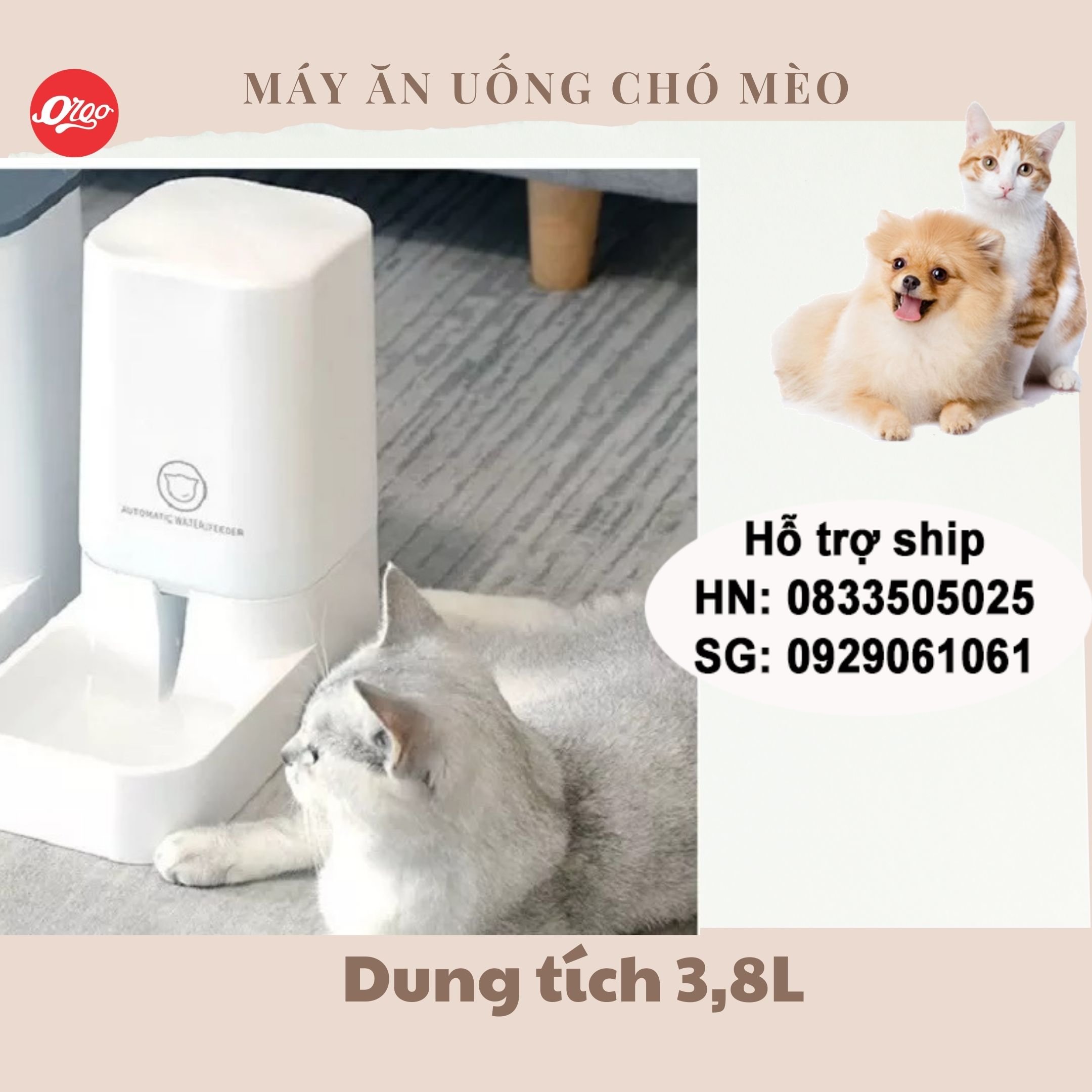 Orgo Máy cho chó mèo ăn uống bán tự động dành cho chó mèo lớn Loại có bồn chứa 3,8 lít- Bộ Bát cho chó mèo ăn và uống/