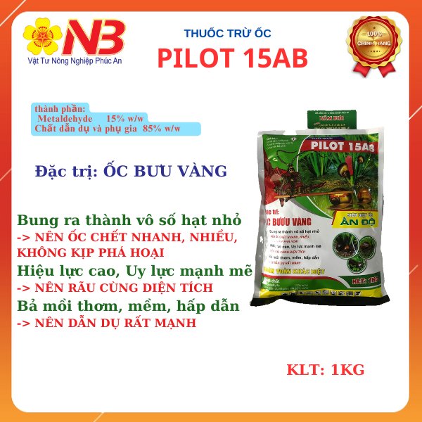 Thuốc trừ ốc Pilot 15AB 1Kg ( Metaldehyde 15%w/w) Ốc rải 15AB Trừ ốc bưu vàng, ốc sên, ốc nhớt- VTNN Năm Bưu