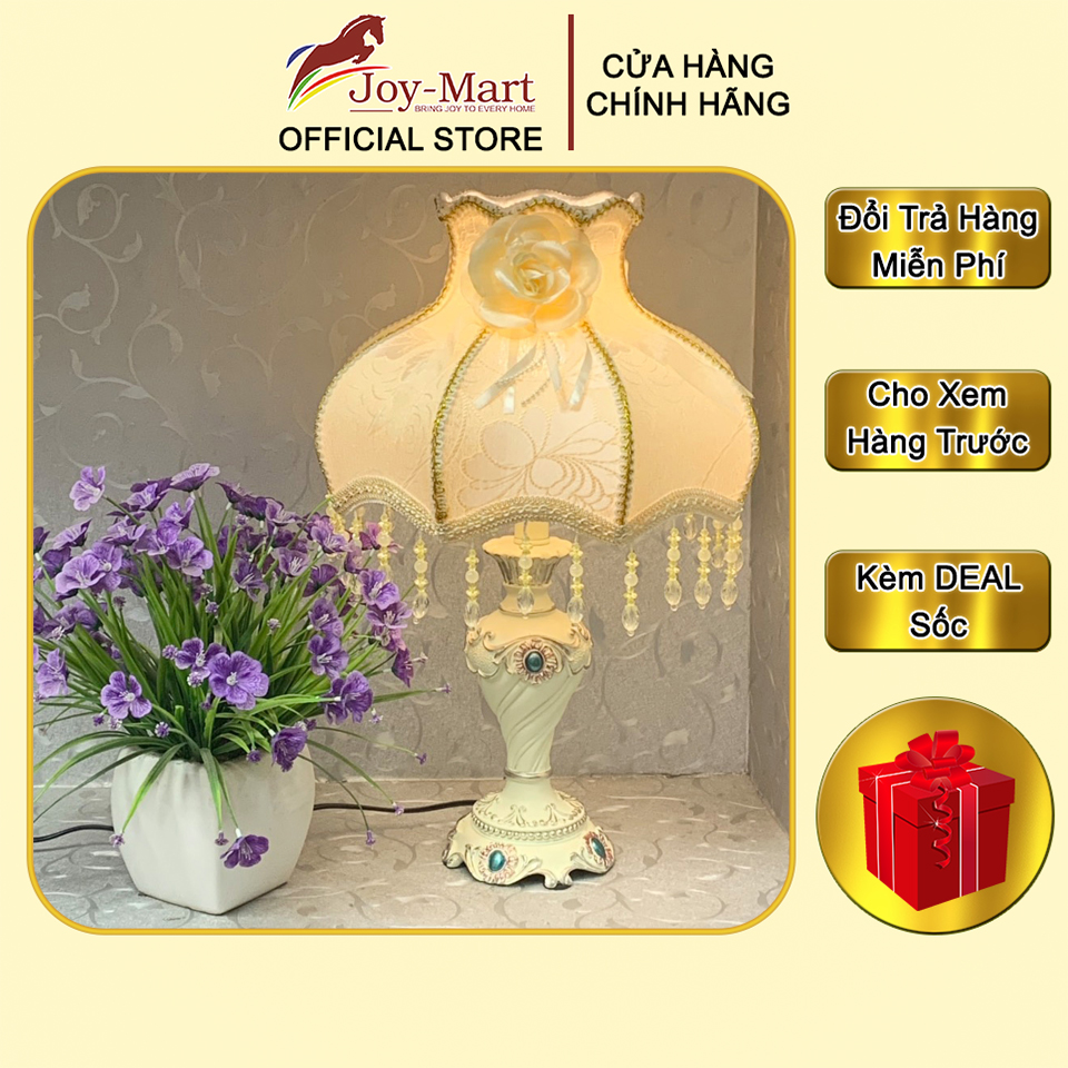 Đèn Để Bàn Tân Cổ Điển - JOYMART - Đèn Bàn Trang Trí Phòng Ngủ Thân Sứ Composite, Chao Vải Lụa Cao Cấp Thiết Kế Sang Trọng MB8018