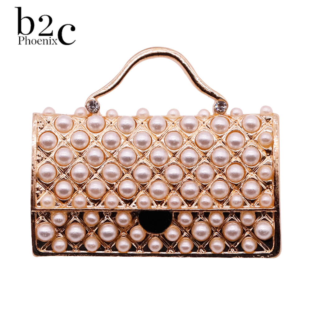 Phoenix B2C Women Handbag Shape Faux Pearl Inlaid Brooch Pin Denim Jacket Collar Badge Gift