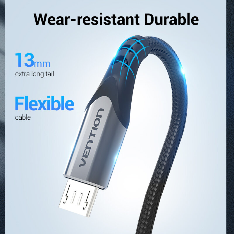 Vention Cáp sạc nhanh Micro USB 3A Nylon, dây sạc điện thoại Micro USB 1M/2M/3M dành cho Samsung Xiaomi Oppo LG máy tính bảng
