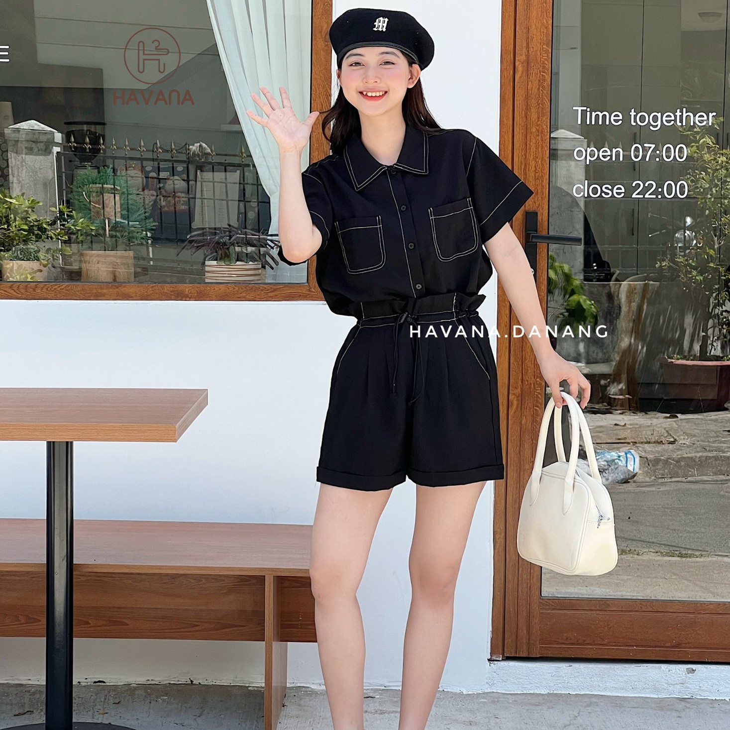 Set áo sơ mi viền chỉ nổi kèm quần short
