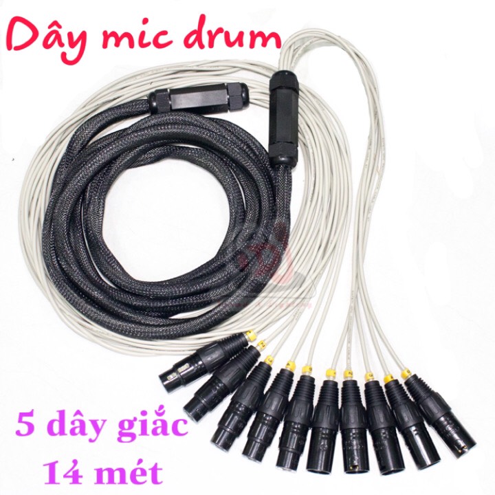 Dây Mic trống dây micro 5 đầu Jack canon đực cái dài 14m rắc trống Mic drum trống jazz