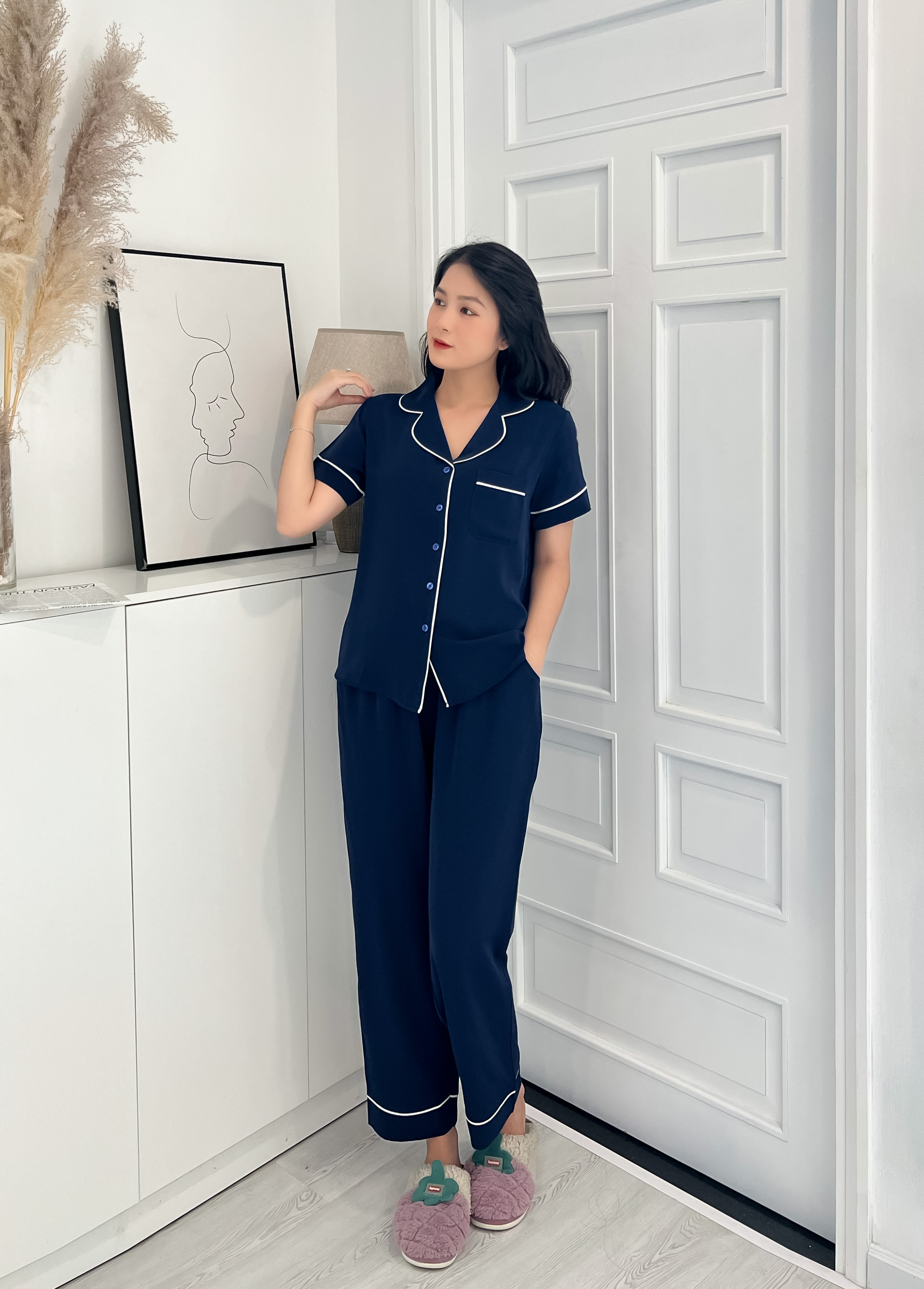 Đồ mặc nhà MÂY pijama lụa mịn Hàn quốc trơn quần dài