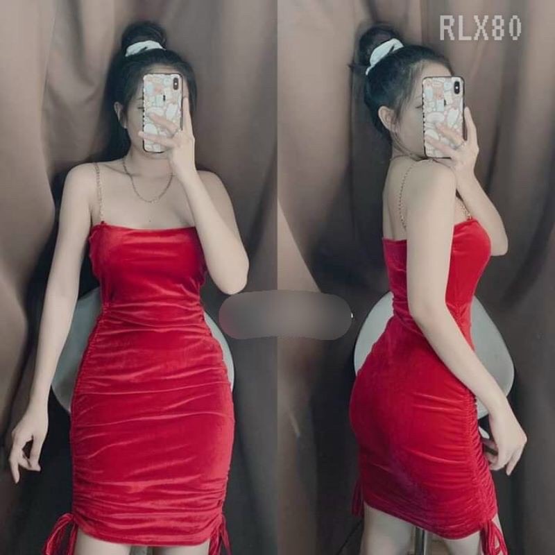 đầm 2 dây nhung phối xích dây rút 2 bên D108