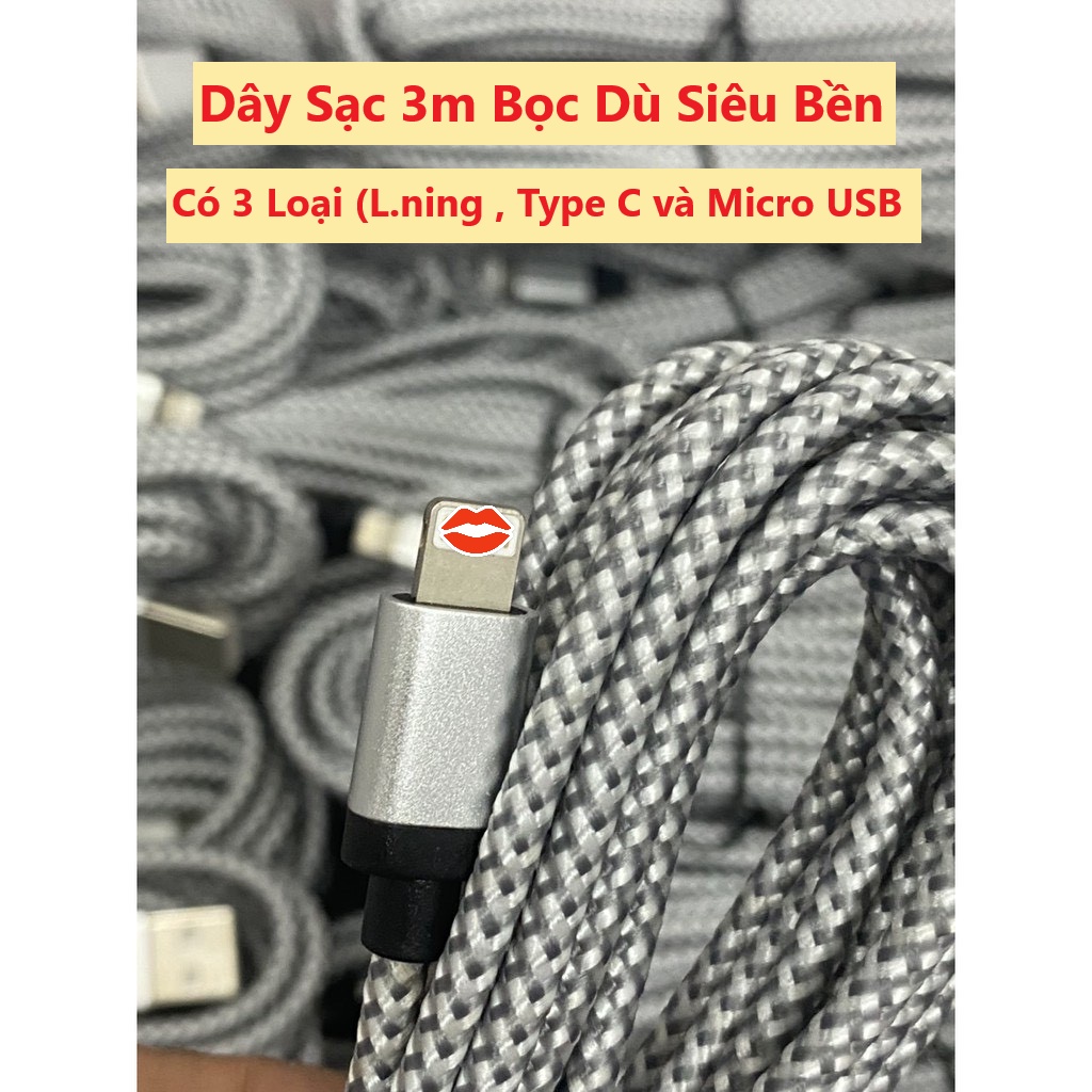 Dây cáp sạc dài 3m có 3 loại  bọc dù siêu bền, hỗ trợ sạc nhanh 2A - TuHaiStore