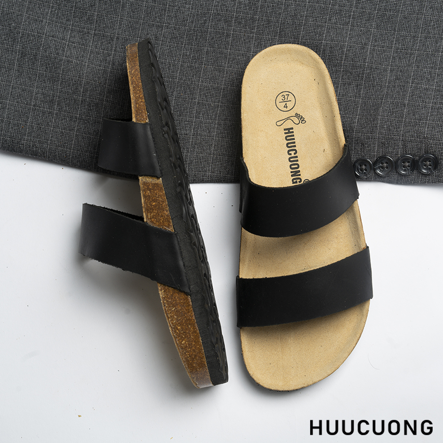 Dép unisex 2 quai da bò đen đế trấu