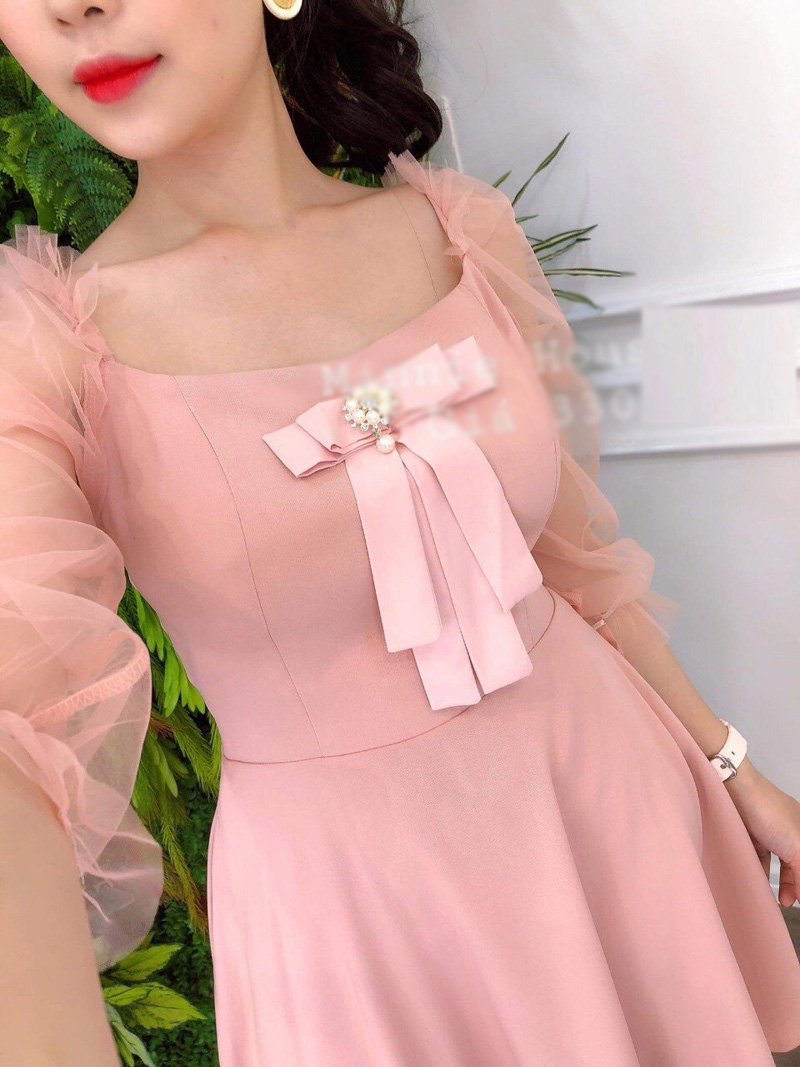 [HCM]Đầm  Nữ  Xòe Phối Nơ Ngực Cổ Vuông  Tt Đ36