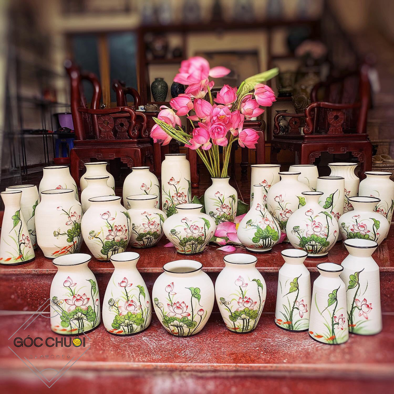 Lọ hoa sen hồng gốm Bát Tràng - 31cm