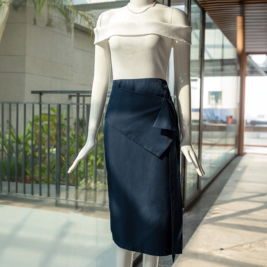 Chân váy midi cotton lạnh phối đắp tà Maybi