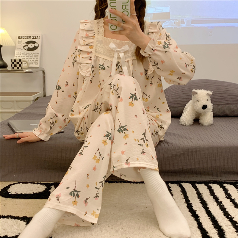 🌸🌸Bộ đồ ngủ Pyjama mềm mại cổ vuông ren đính nơ🌸🌸