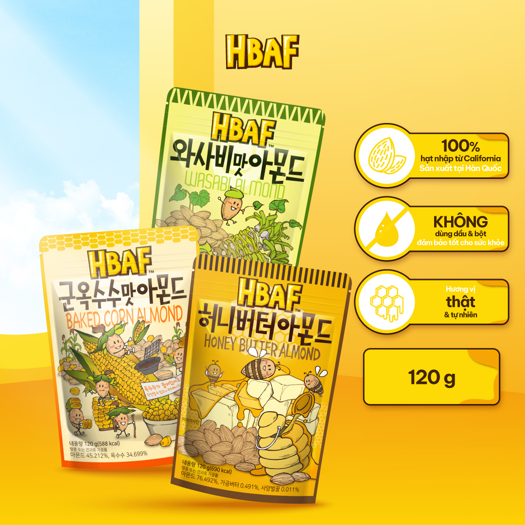 Hạt Hạnh Nhân Tẩm Vị HBAF Hàn Quốc Các Vị (Gói 120g)