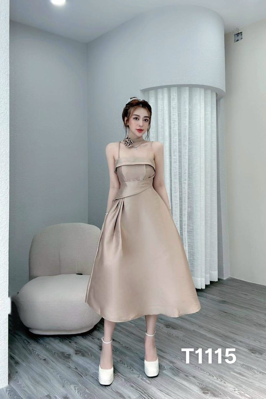 Đầm xoè nữ 2 dây kèm phụ kiện cổ gấm tapta T1115