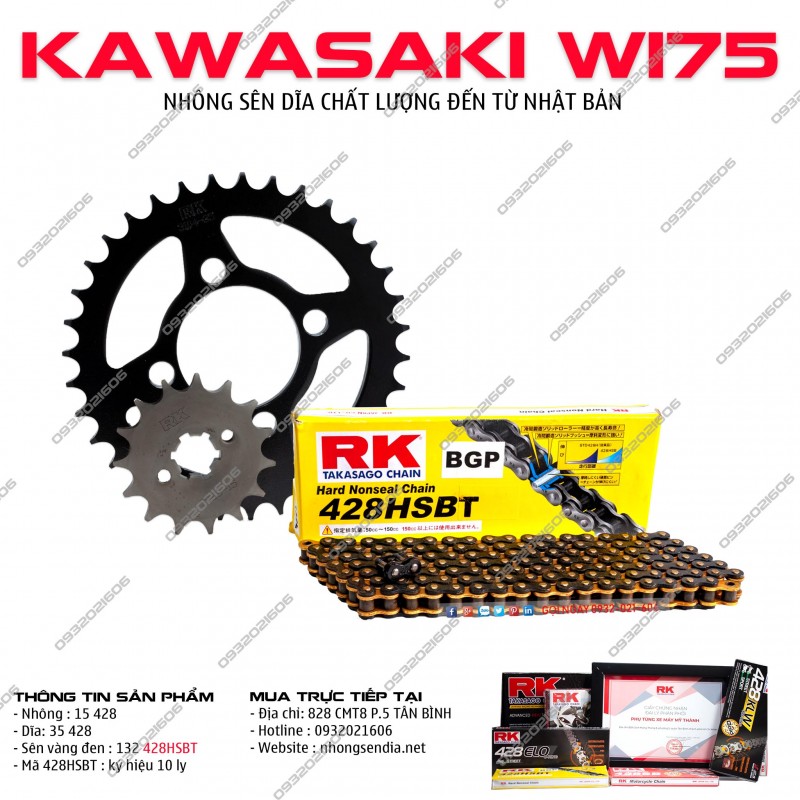 Nhông sên dĩa xe kawasaki w175 sên rk vàng đen 428hsb