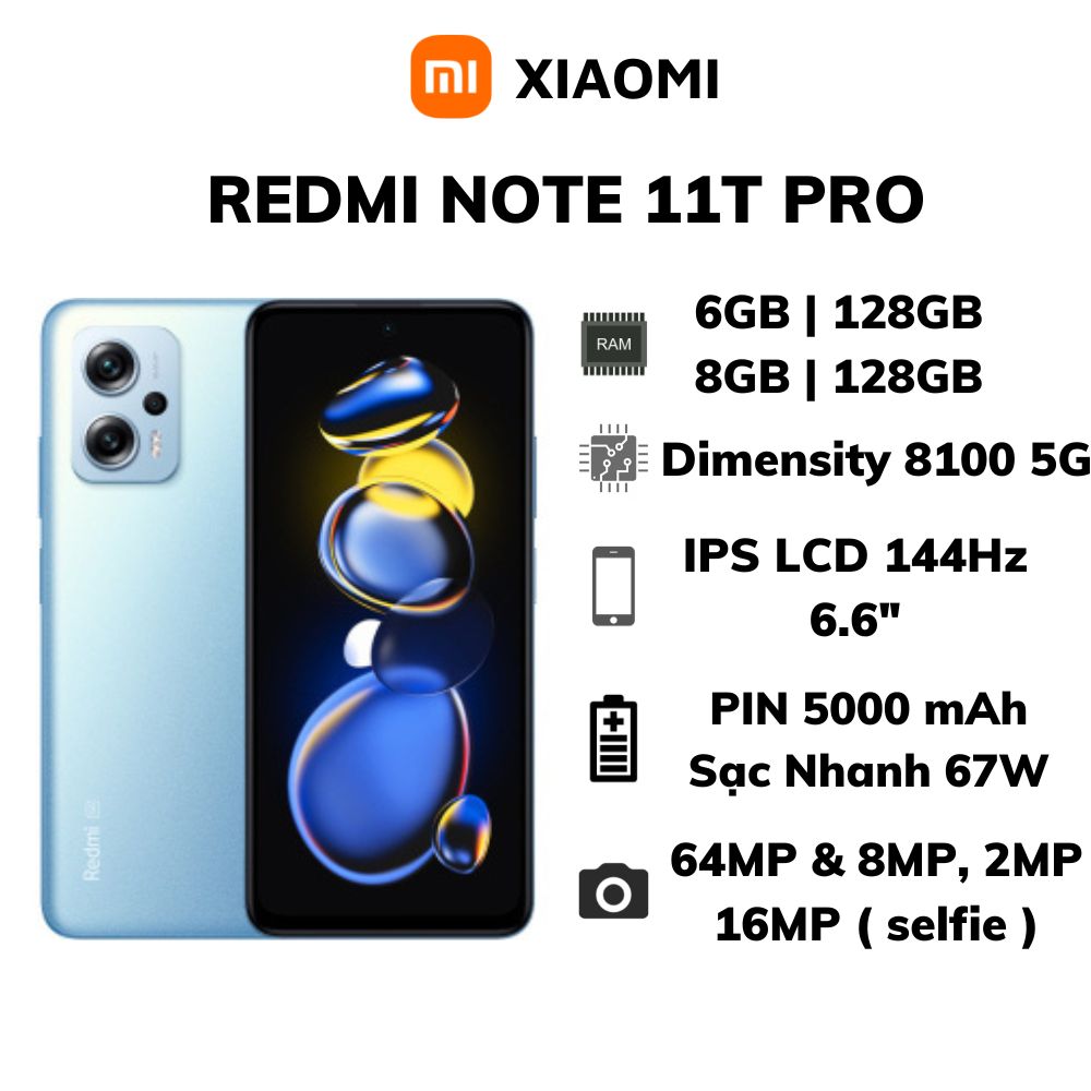 Điện Thoại Xiaomi Redmi Note 11T Pro 5G | Dimensity 8100 | Sạc nhanh 67W | Màn hình 144Hz