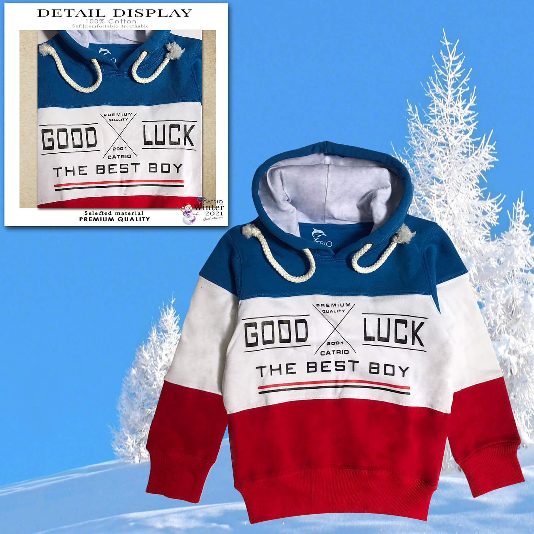 ÁO HOODIES BÉ TRAI CATRIO phối 3 màu in chữ GOODLUCK là áo thun bé trai có mũ, áo nỉ có mũ trẻ em từ 5 tuổi(20kg) đến 12 tuổi(50kg) thuộc BST quần áo trẻ em CATRIO mùa thu đông