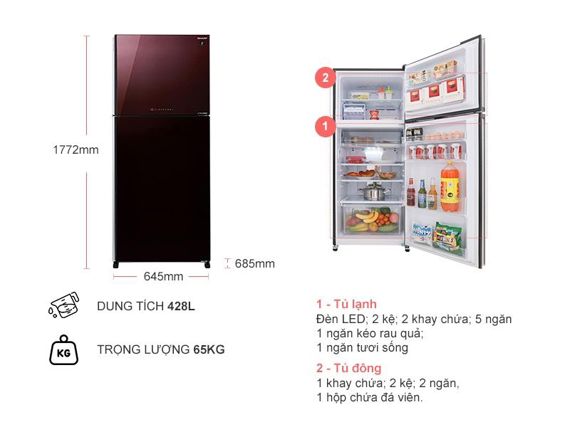 [Trả góp 0%]Tủ lạnh Shap 428 lít Inverter SJ-XP435PG-BR
