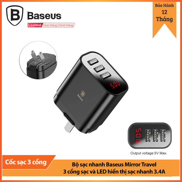 Củ sạc đa năng Baseus Mirror Travel 3 cổng sạc LED hiển thị , sạc nhanh 3.4A iPhone/iPad/Android