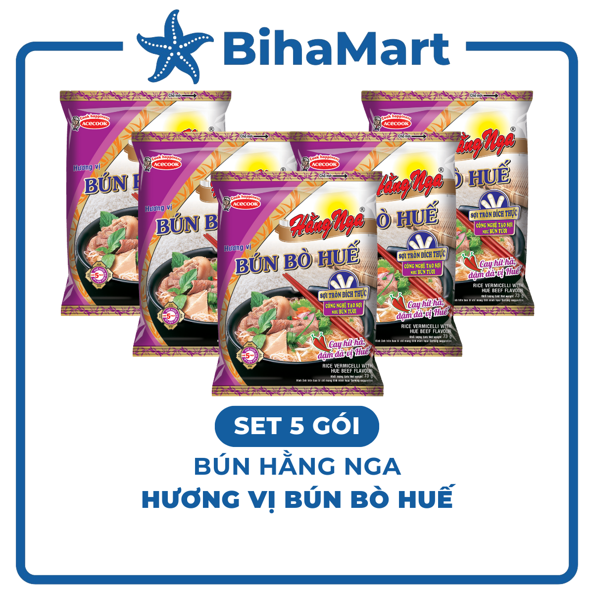 [SET 5 GÓI] - ACECOOK - Bún bò Huế Hằng Nga, Hằng Nga Bún bò Huế, Bún Hằng Nga hương vị Bún bò Huế, Bún bò Acecook (73g/gói)