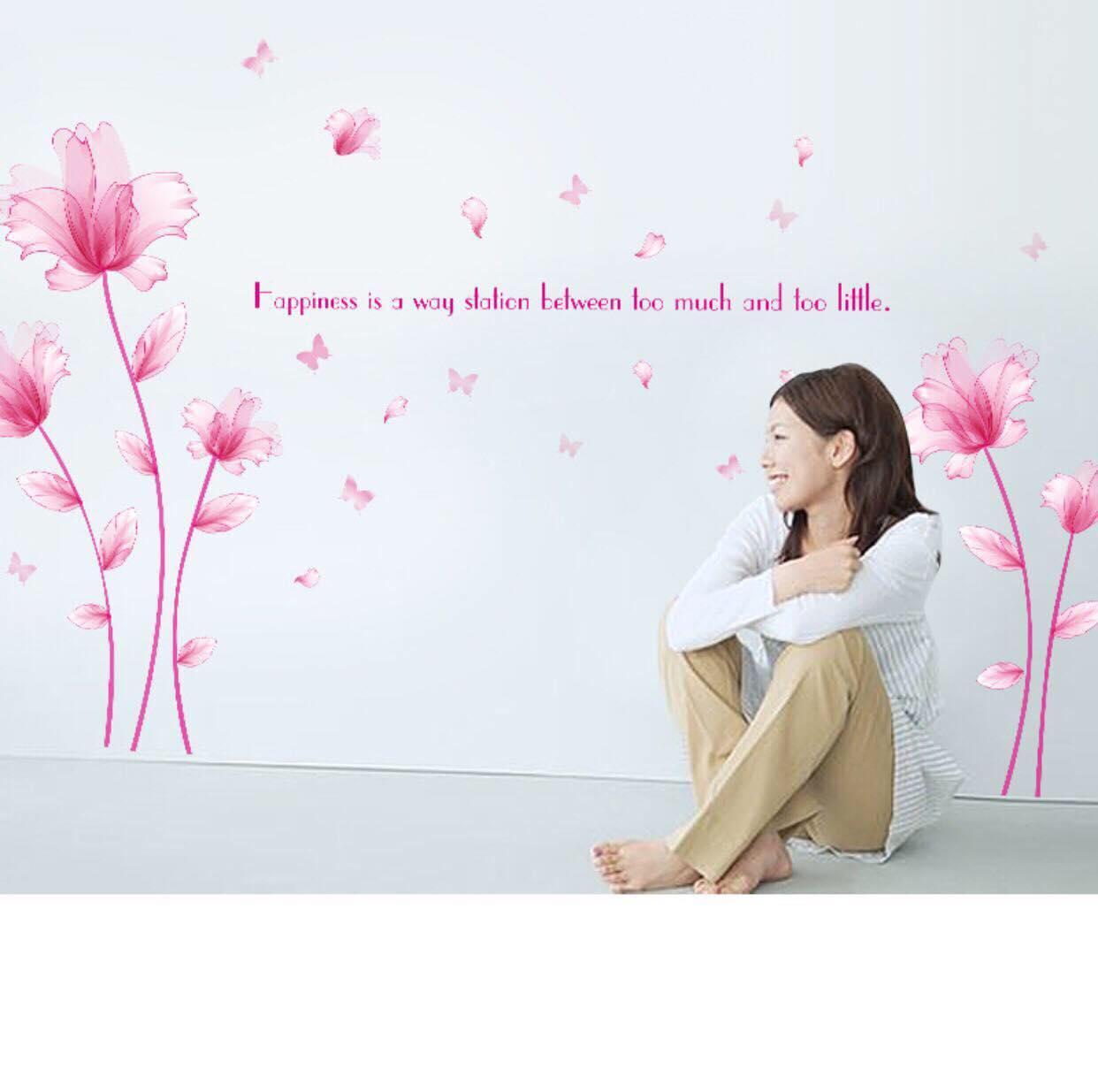 decal dán tường mẫu hoa pha lê hồng cánh mổng