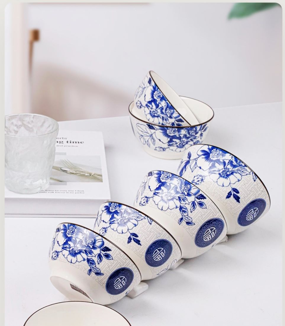 Bộ tô, chén, dĩa gốm sứ hoa văn Chữ Phúc (Gồm 3 Tô bầu, 4 Dĩa, 10 Chén cơm)+ Tặng 10 đôi đũa nhựa Cao Phong