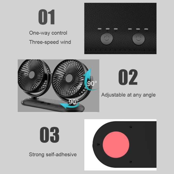 Quạt máy đôi mini, quạt làm mát không khí, quạt điều hòa, quạt điện xoay 360 độ trên ô tô, xe hơi, bàn làm việc/ Tích hợp 3 chế độ làm mát công suất 12W  (màu đen)