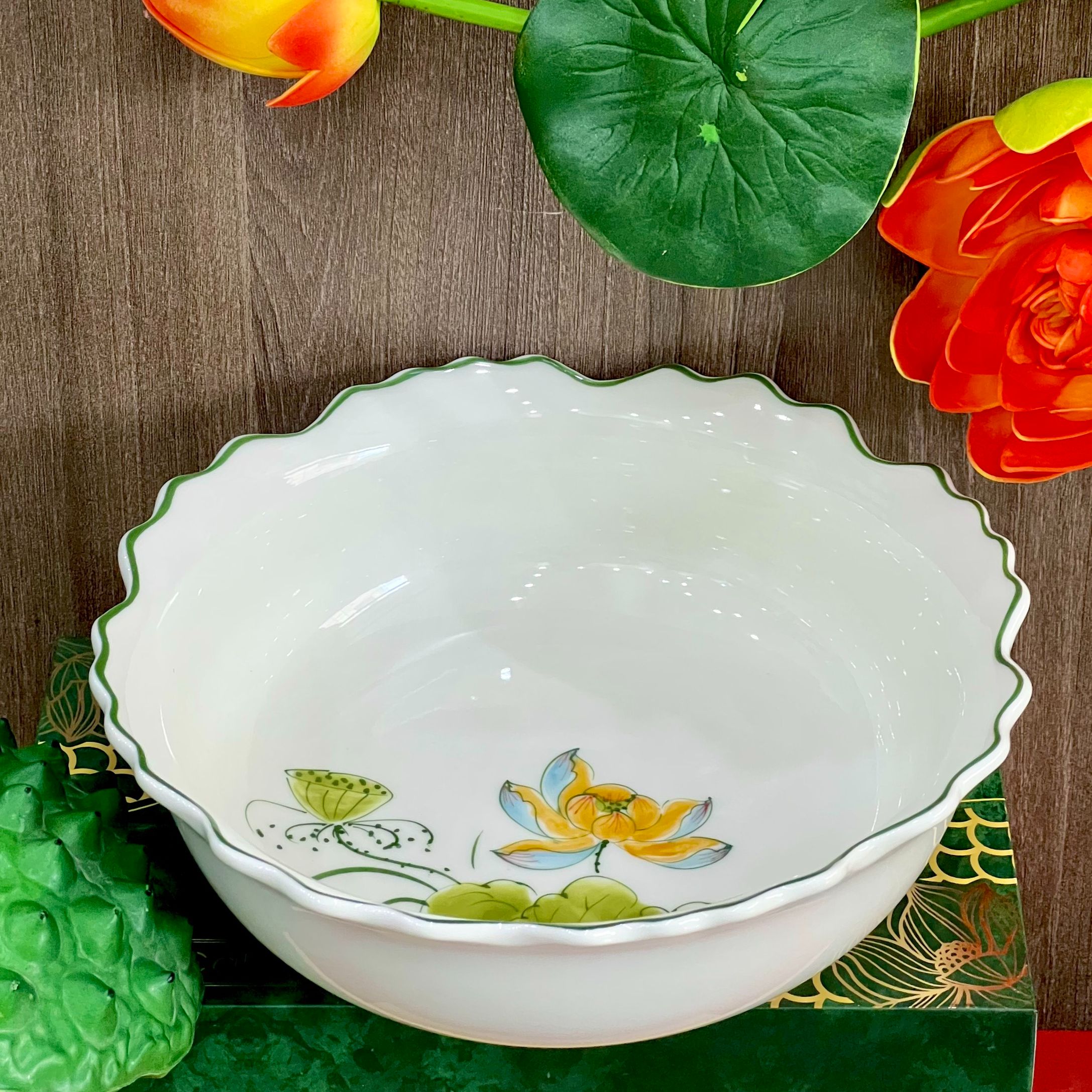 Bát, đĩa, tô, chén ăn cơm bát tràng men kem vẽ tay hoa sen cam cao cấp - bộ chén dĩa, bộ đồ ăn, bộ bát đĩa hàng loại !
