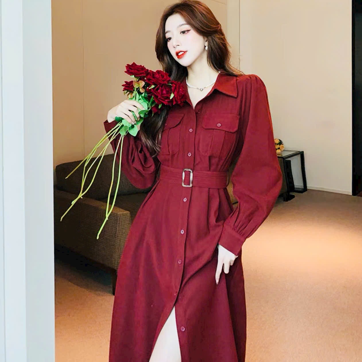 Đầm sơ mi đỏ túi hộp kèm belt