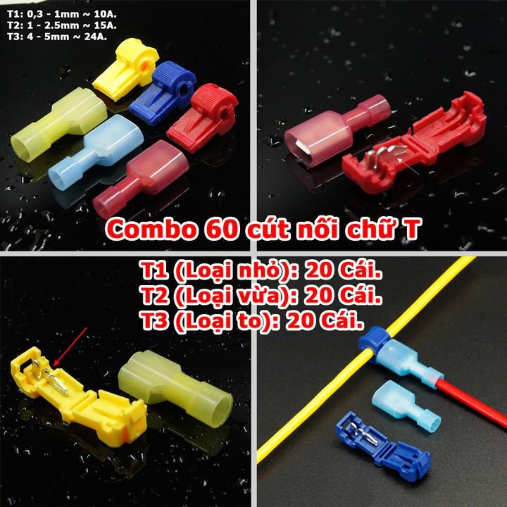 Combo 60 cút nối chữ T cút nối dây điện nhanh T1 T2 T3