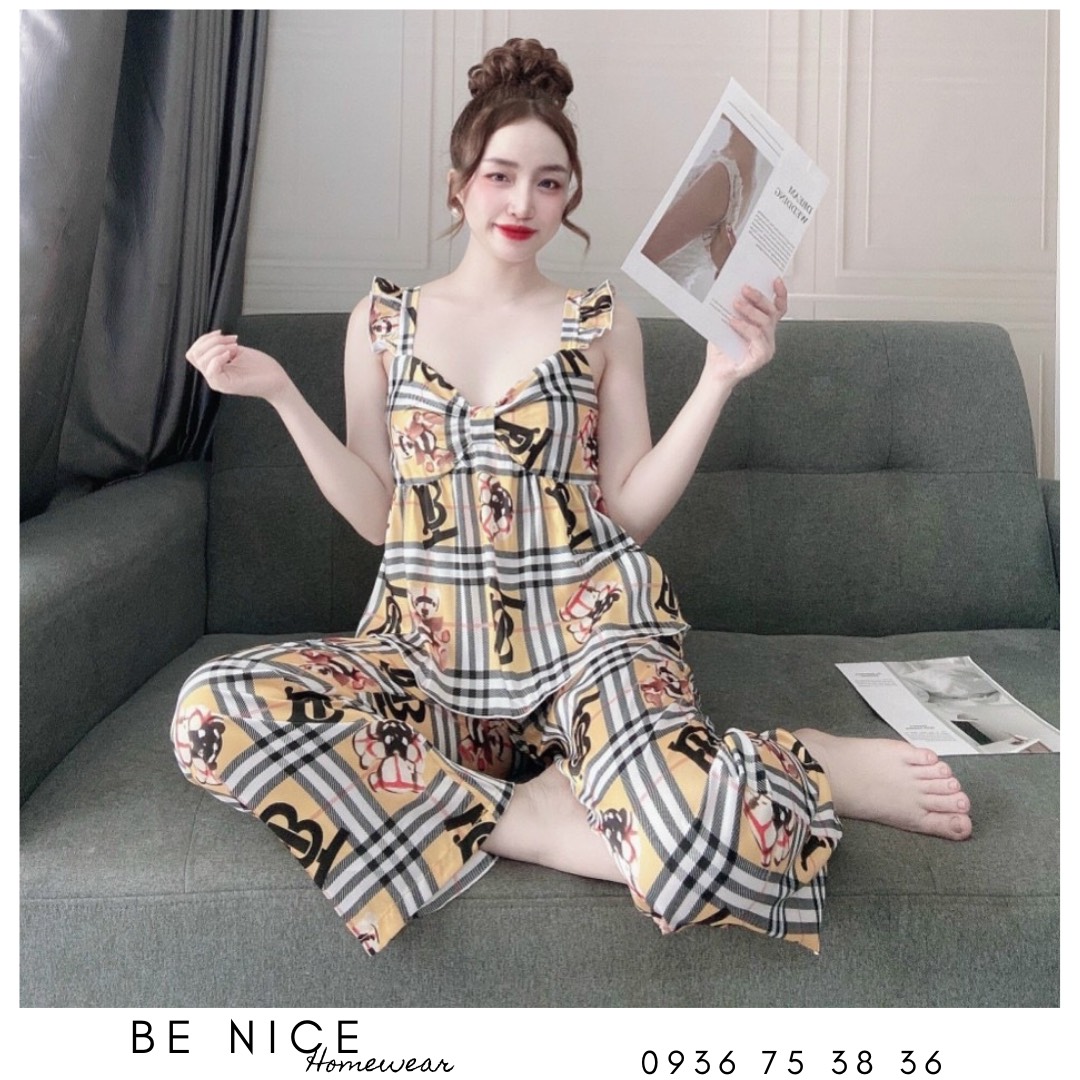 Set lụa dài mặc nhà nơ tay cánh tiên