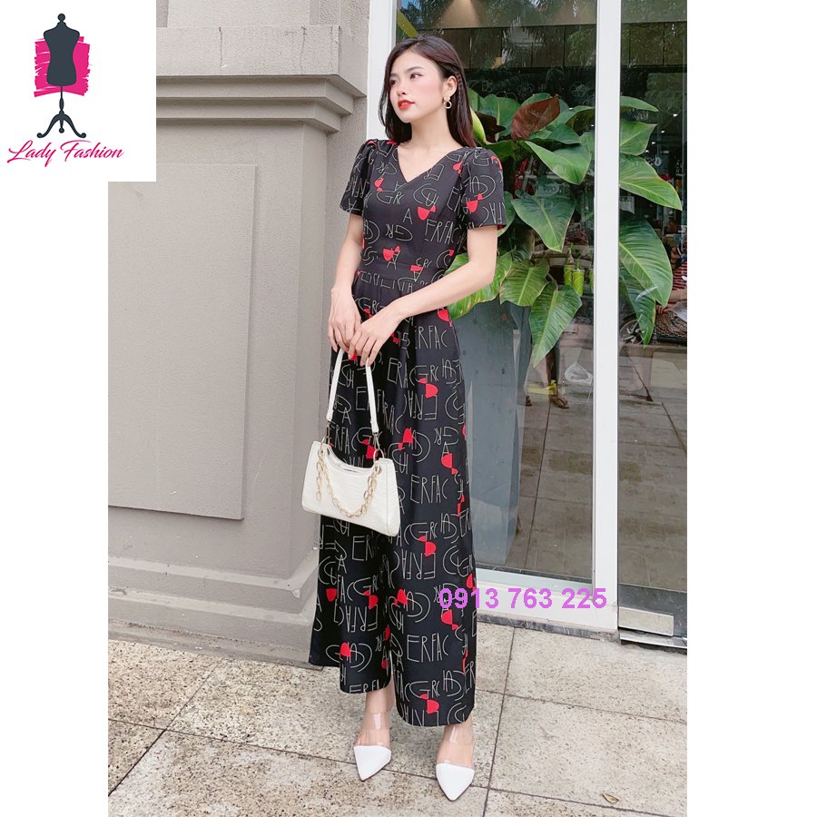 Jumpsuit  Lụa  họa tiết chữ- D013