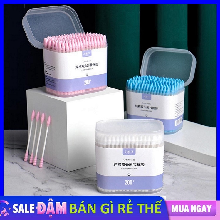 Hộp 500 Tăm bông thân gỗ 2 Đầu Người Lớn 2 Đầu Tròn Và Dẹp Kháng Khuẩn Được Làm Từ Bông Tự Nhiên / Hộp bông tăm 500 que ngoáy tai 2 đầu an toàn khi sự dụng