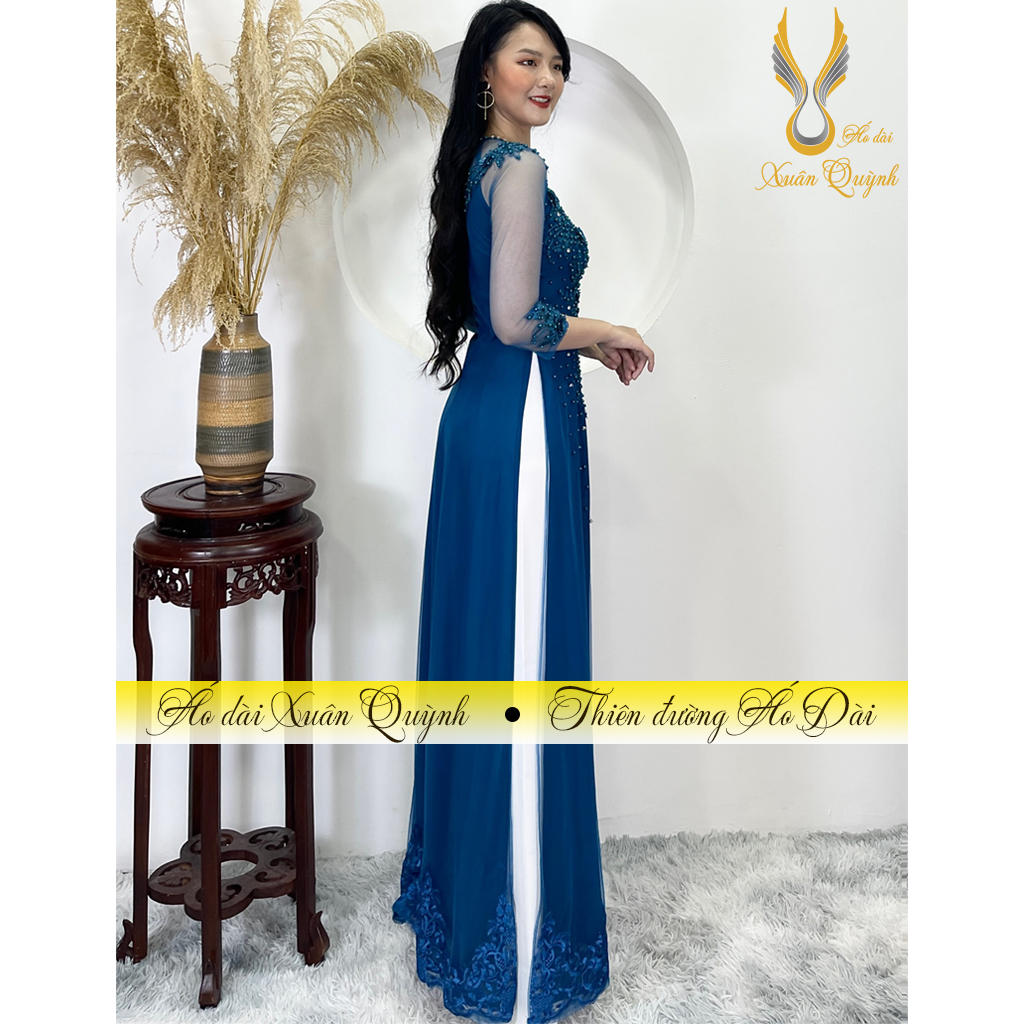 Cặp 2 áo dài dự đám cưới, đám hỏi sui gia may thủ công màu xanh, đỏ đô - áo dài xuân quỳnh