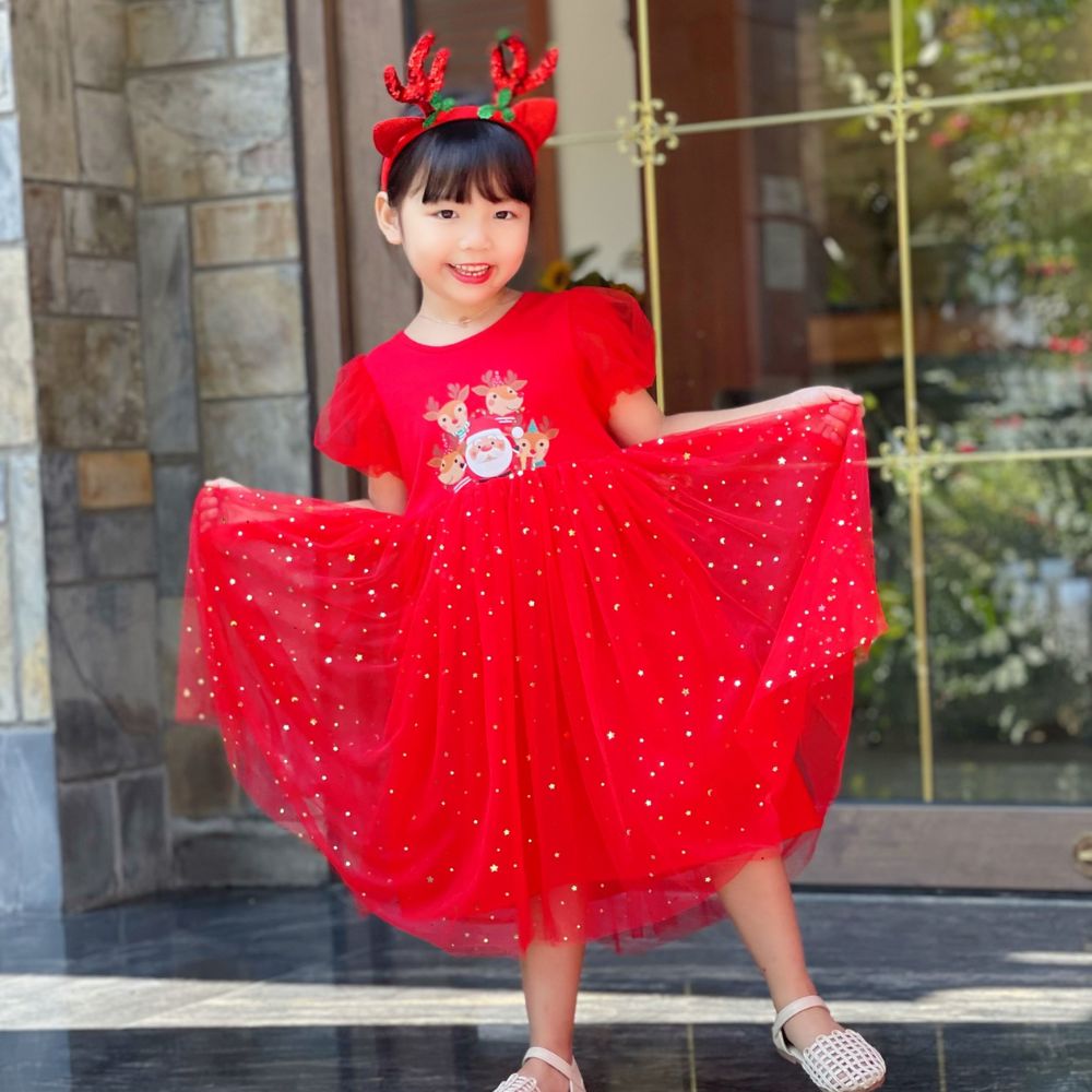 Váy bé gái đầm Noel sao lấp lánh kèm bờm cho bé đi tiệc, đi lễ hội, đi chơi
