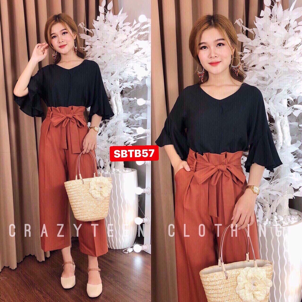 [HCM]Set bộ nữ áo tay loe  cổ V +quần dài ống rộng cột nơ eo cực xinh