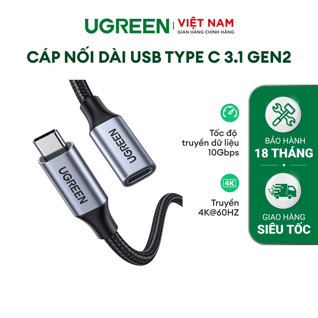 Cáp nối dài USB Type C 3.1 gen2 Ugreen US372 | 0.5m (Black) | Tốc độ truyền dữ liệu 10Gbps | Truyền 4K@60HZ | Bảo hành 18 tháng | 80810