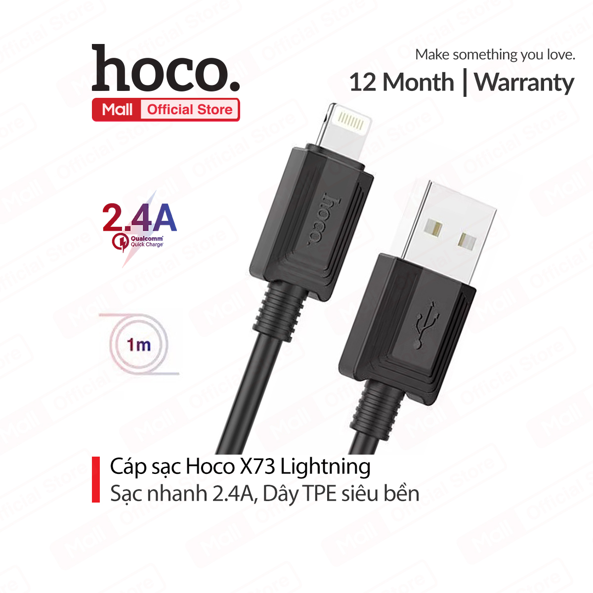 Cáp sạc 2.4A Hoco X73 Lightning dây dẻo siêu bền dài 1M cho iPhone/iPad