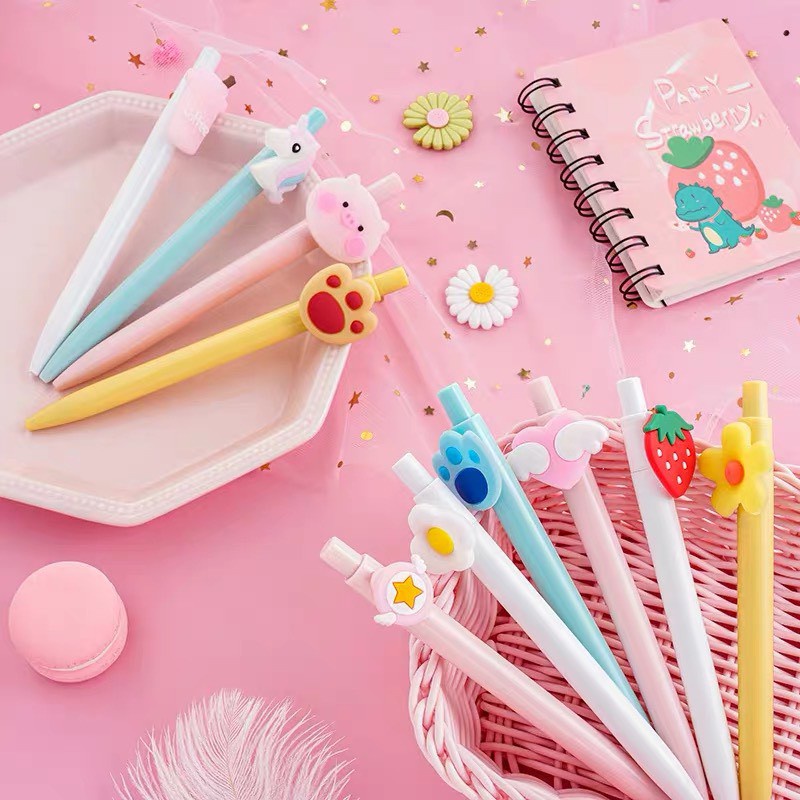 Bút bi bấm gel đen gắn icon cute