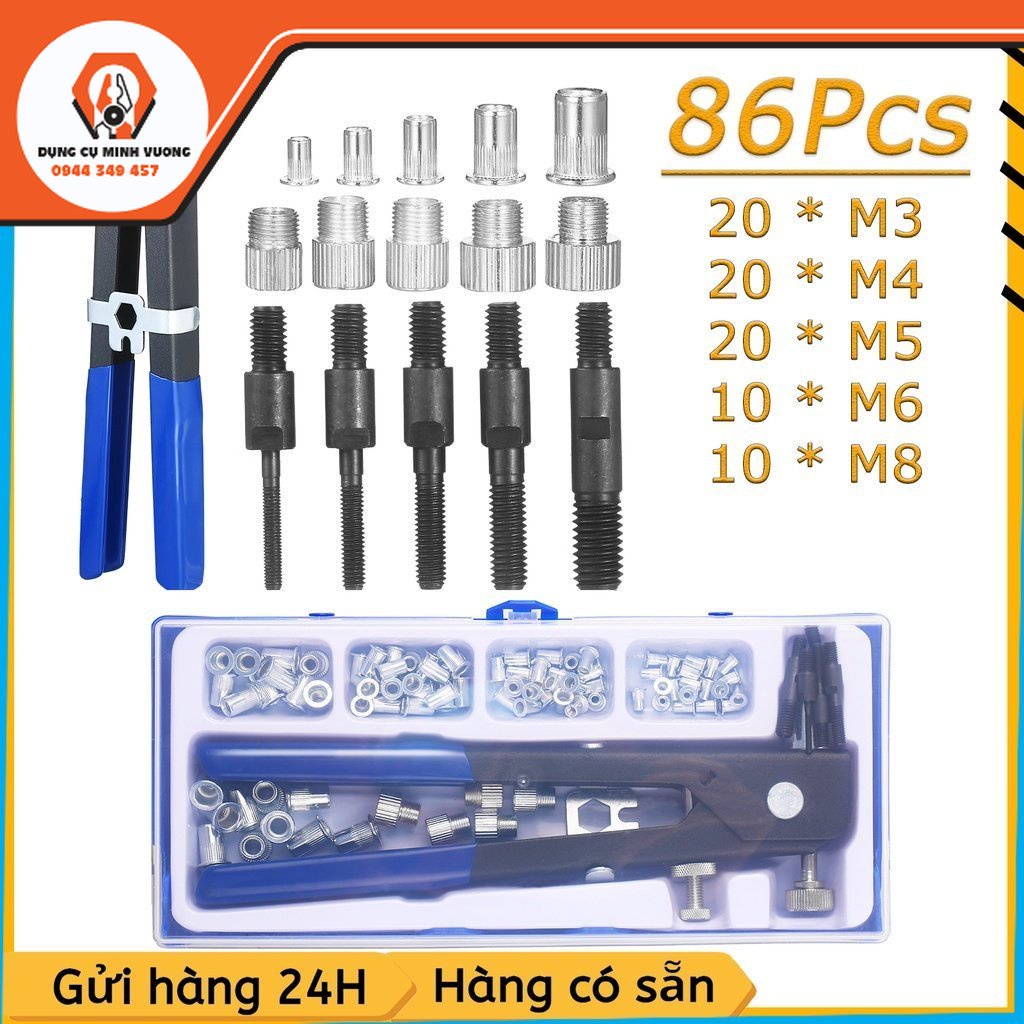 Kìm rút ốc tán bộ 86 dụng cụ gồm đai ốc, đinh tán hệ mét và cờ lê loại m3 m4 m5 m6 m8