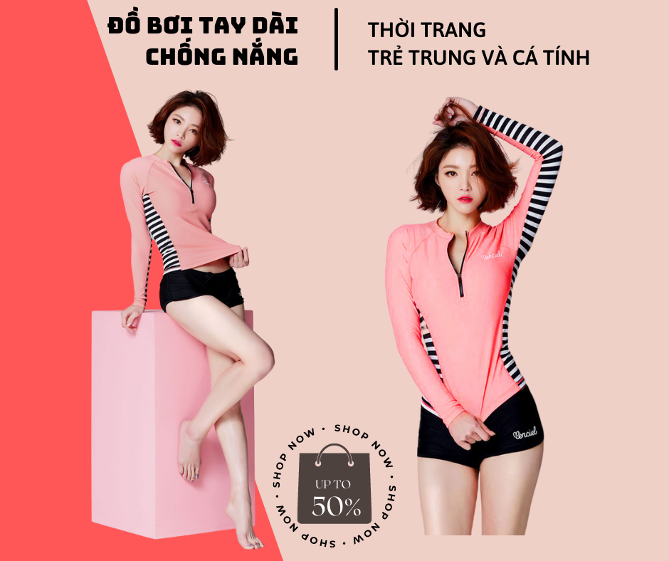 Đồ bơi nữ tay dài hồng, sọc đen phối dây kéo
