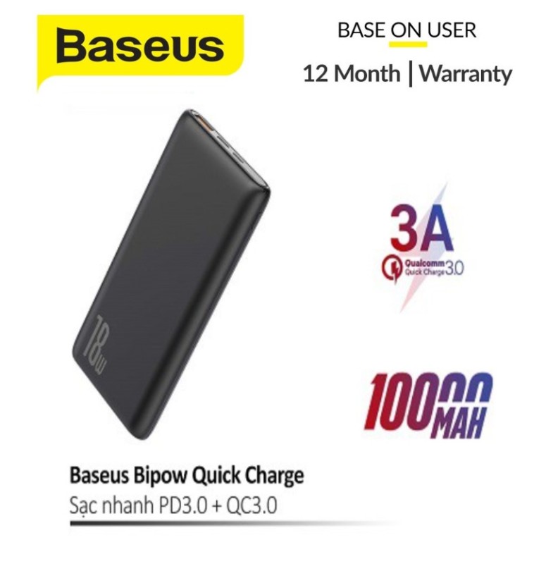 Pin dự phòng sạc nhanh Baseus Bipow 10000mAh tích hợp PD/QC công suất lên đến 18W 3 cổng sạc QC3.0+PD3.0 sạc nhanh 2 chiều