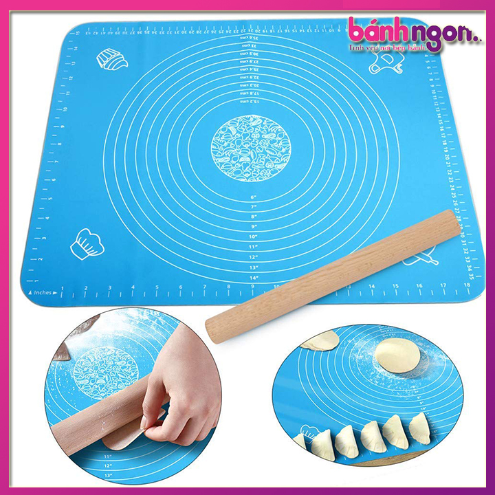 Tấm lót nhào bột silicon 50x40cm + cán lăn bột gỗ 30cm