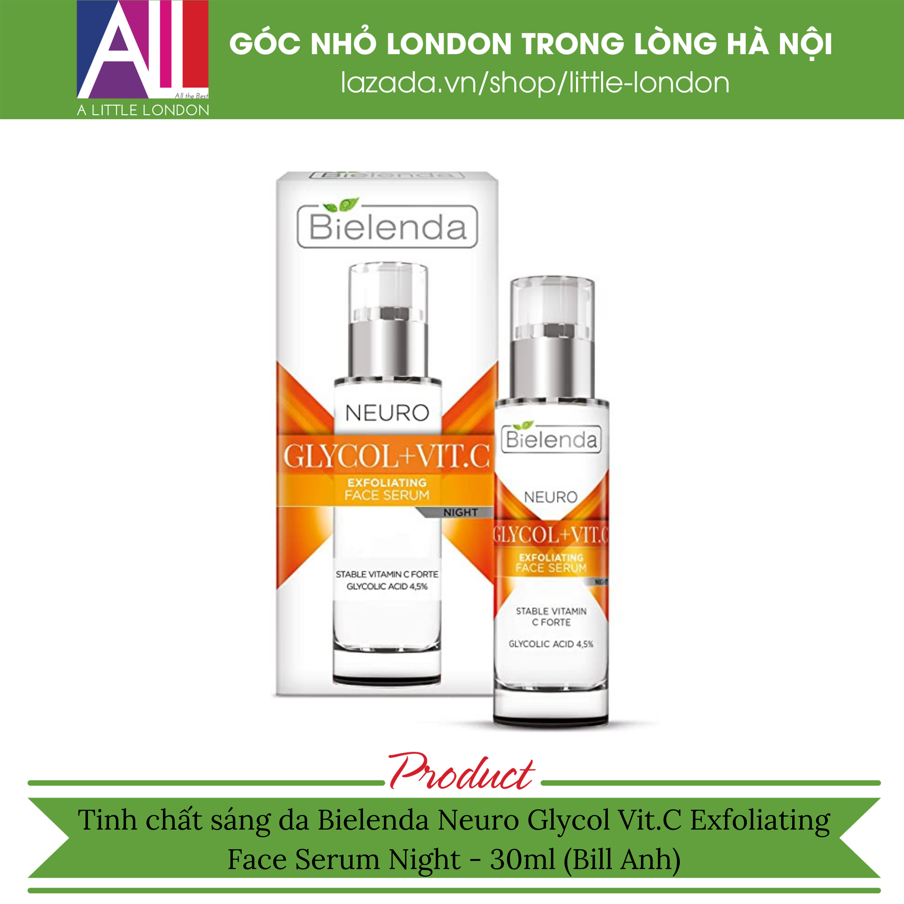Tinh chất sáng da Bielenda Neuro Glycol Vit.C Exfoliating Face Serum Night - 30ml (Bill Anh)