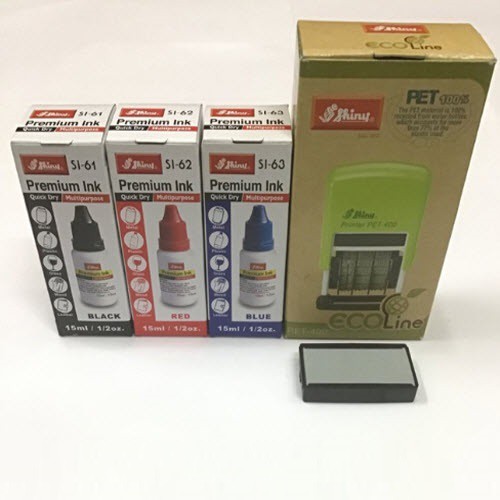 Combo con dấu ngày tháng năm Shiny Pet 400 và hộp mực đóng lên bao bì giấy