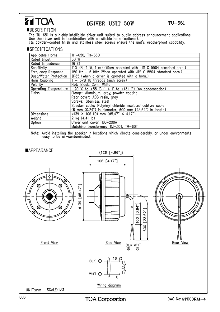 Củ loa không có biến áp TOA TU-651 Made in indonesia  - HÀNG CHÍNH HÃNG